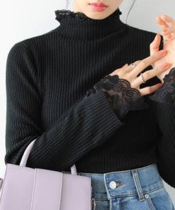 GeeRA ジーラ レース付ハイネックリブニットトップス （ブラック）