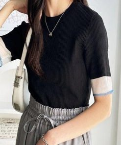 GeeRA ジーラ 半袖シアーリブサマーニットトップス （ブラック×ブルー）