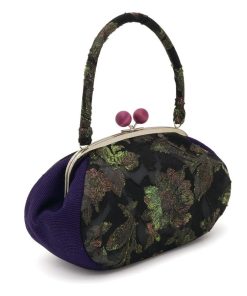 SOUBIEN がま口 バッグ 和装 黒 ブラック 紫 花唐草 オパール加工 綿 麻 モダン レトロ がまぐち サブ バック 和柄 洋柄 洋装 着物 大人 女性 レディース カジュアル