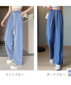 【在庫一掃】涼感ワイドパンツ デニム調 接触冷感 ロング クール 涼しい 夏用 ゆったり ストレッチ 薄手 体型カバー ウエストゴム ボトムス 着痩せ