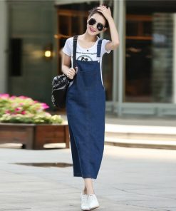 【値下げ】2点で15％off サロペットスカート レディース デニム ワンピース ロング丈 スリット 無地  オールインワン キャミワンピ オーバーオール
